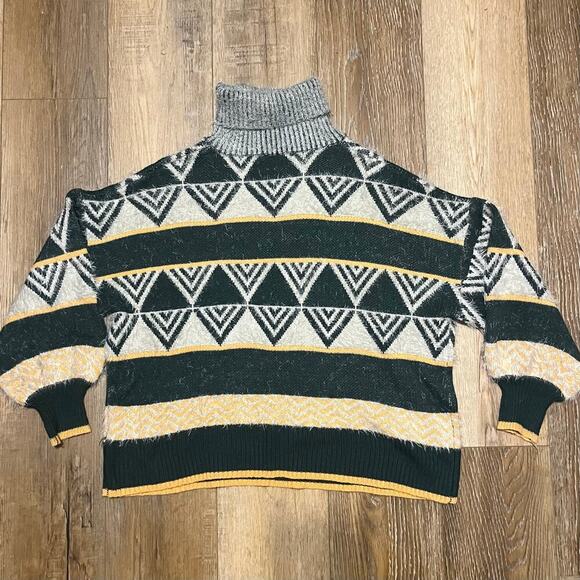 J. NNA Womens Boxy Mock Neck Sweater Geometric Color-block Sz M Gray Yellow 80s - Picture 4 of 7